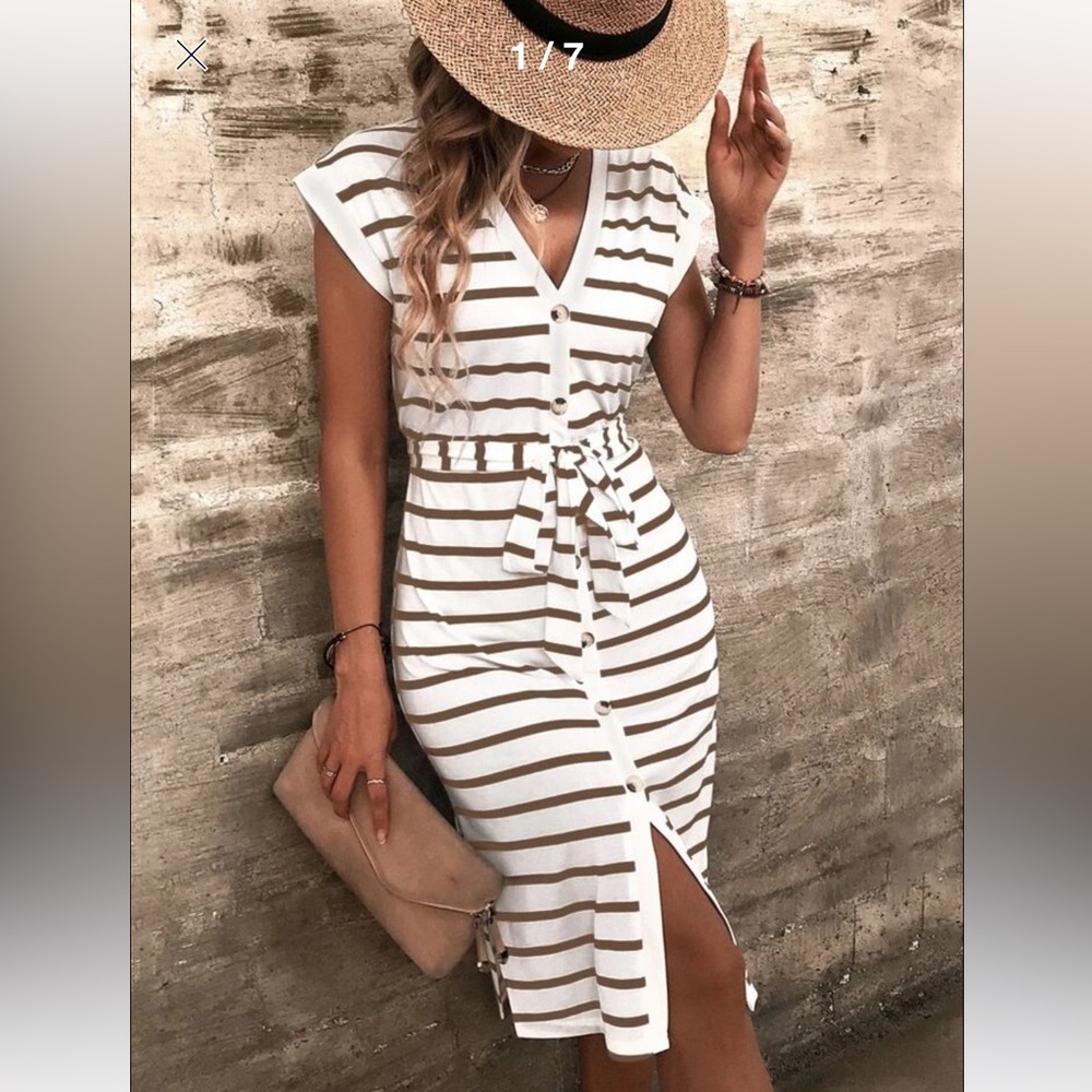 SHEIN LUNE Striped Dolman Sleeve Button Through Slit Hem Belted Dress